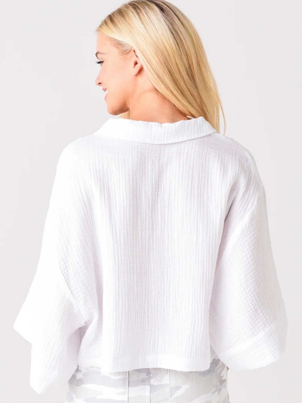 Z Supply White Gauze Button-Front Collared Crop Blouse Dolman Sleeve Boho Summer - Picture 2 of 7